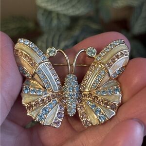 SWAROVSKI Signed Swan Gold Plated Light Blue, Gold & Cream Butterfly Brooch Pin